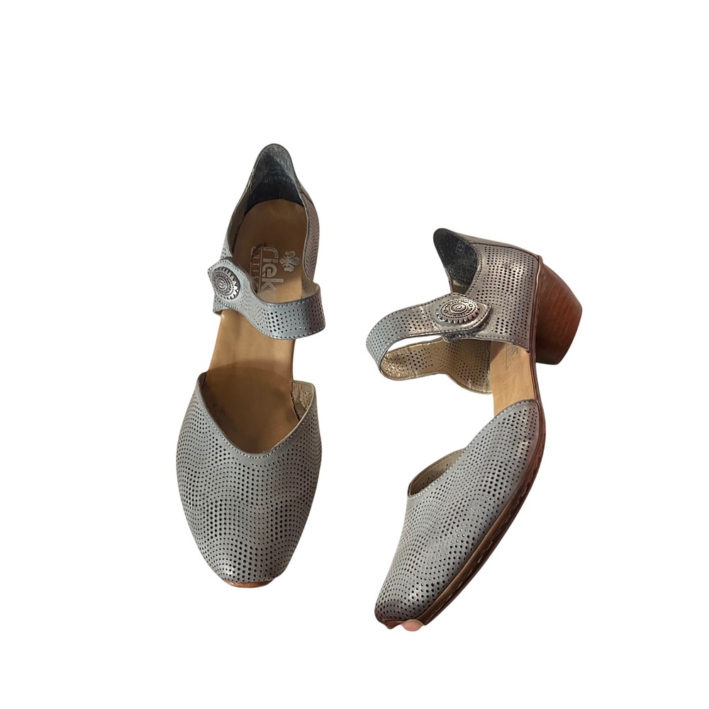 Rieker Womens Perforated Leather Mary Jane Block Heel Shoes Gray Size‎ 42/10